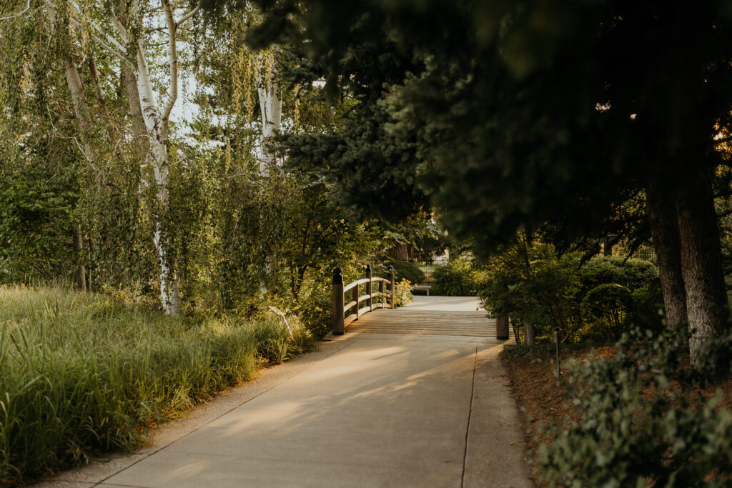 One of my favorite hidden scenic locations at the Denver Botanic Gardens Wedding Venue with one of the most romantic bridges on site